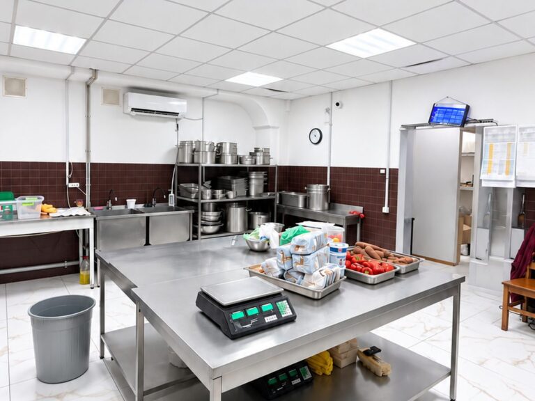 Виробничий стіл із вагами та свіжими овочами на кухні GastroChef